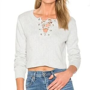 Avec Les Filles Lace Up Crop Sweater - Cotton Wool Alpaca Blend - Gray - Size XS